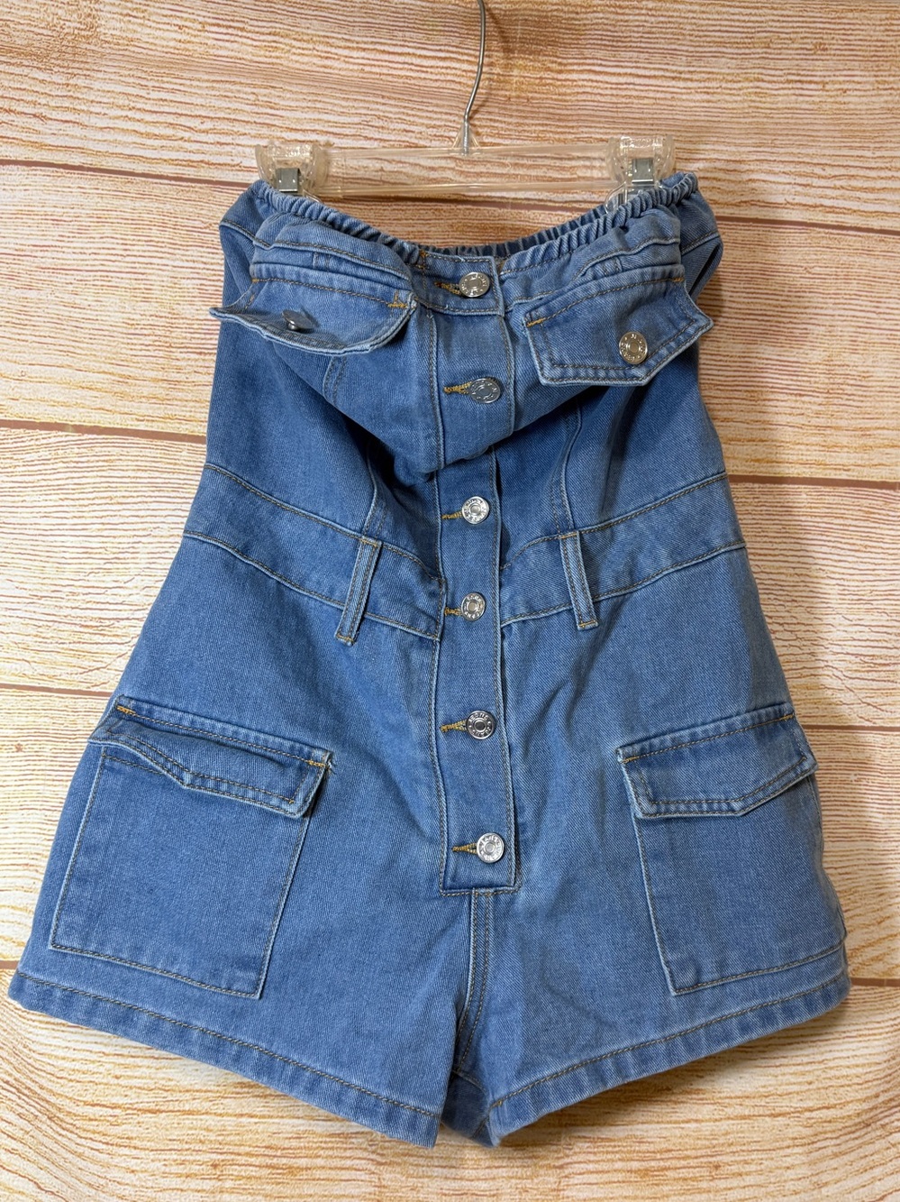 Strapless Denim Button Fitted Short Romper Size Small - Picture 2 of 9